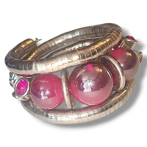 Silver Tone Chunky Wrap Bracelet Bright Pink Beads Statement Bracelet Armband